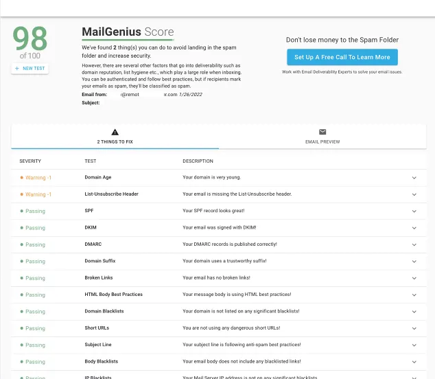 MailGenius Score 98/100 — all checks passing after setup